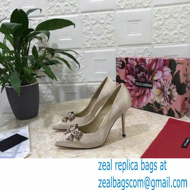 Dolce  &  Gabbana Heel 10.5cm Satin Pumps Beige with Crystal Bow 2021